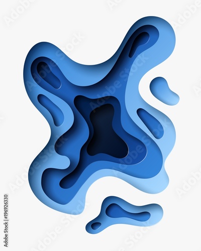 Vertical template with 3D abstract background with paper cut blue waves. Vector design layout