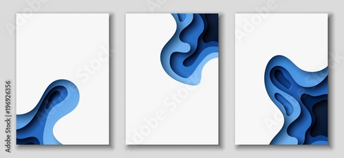Vertical A4 flyers with 3D abstract background with paper cut blue waves. Vector design layout