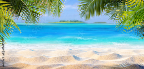 Tropical Sand With Palm Leaves And Paradise Island 

