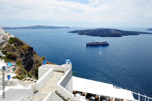 The view on Aegean sea and cruise ship, Santorini island, Greece