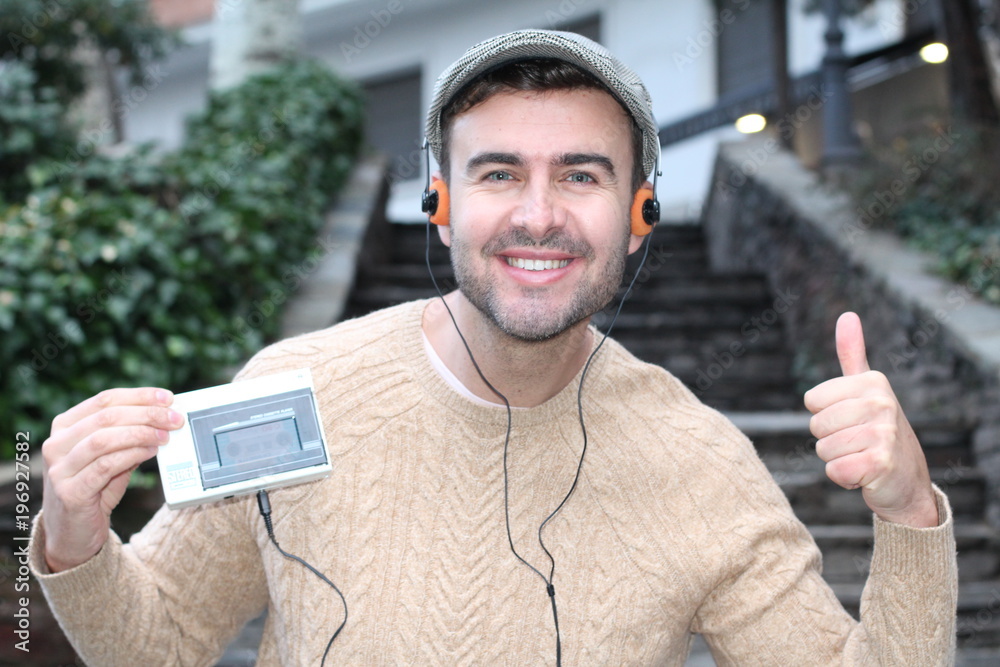 Guy listening to Stereo cassette Walkman in the 80s or the 90s Stock ...