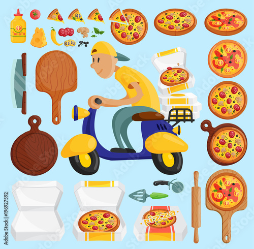 Pizza delivery boy Italian pizzeria cartoon courier on motorbike and deliver dinner icon food box fast party meal scooter pizza in box transportation illustration