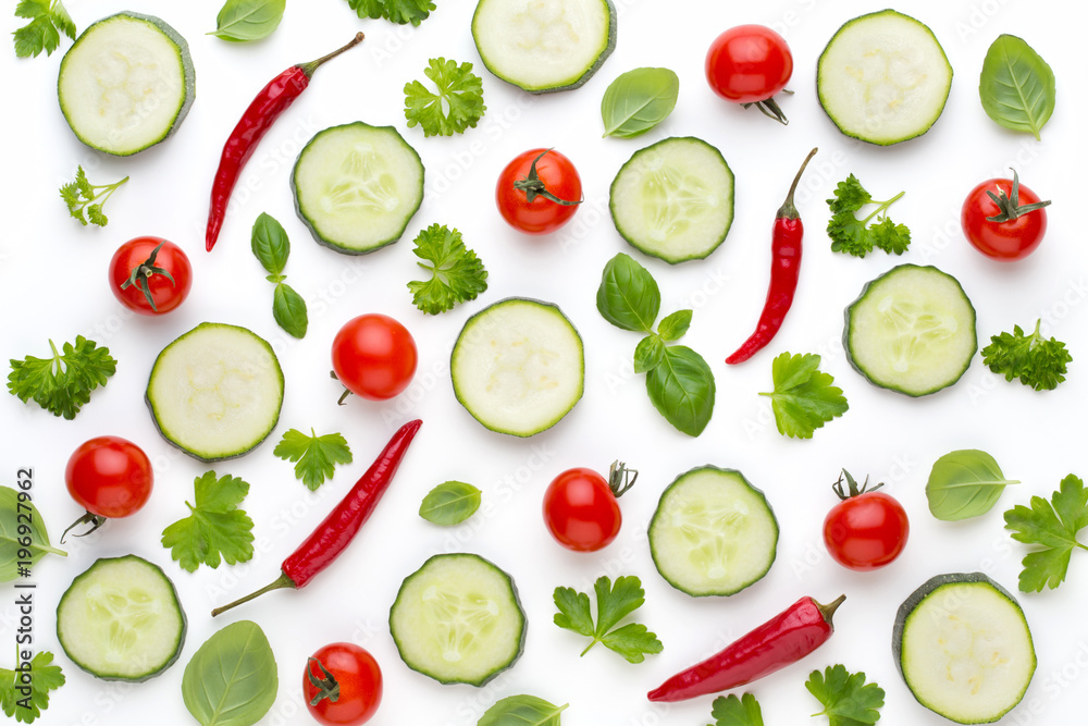 Vegetable and spices isolated on white background, top view. Wallpaper abstract composition of vegetables. Vegetable and spices isolated on white background, top view. Wallpaper abstract composition of vegetables.