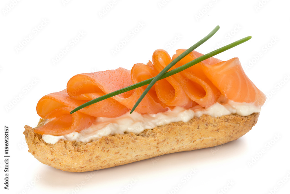 Bread with fresh salmon fillet isolated on white background, top view. Bread with fresh salmon fillet isolated on white background, top view.