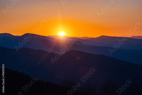 Beautiful evening sunset at Caucasian mountains with snow peaks, Arkhyz, Russia