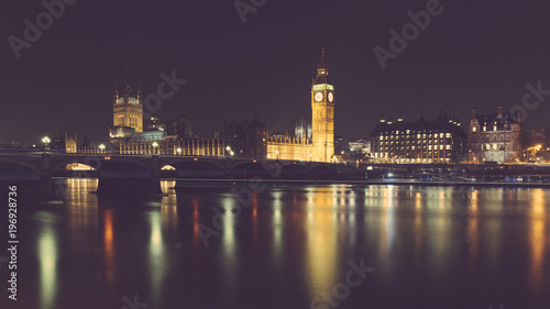 London night view with Big Ben and parliament at westminster
