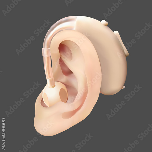 Hearing aid behind the ear, on the background of sound wave diagram. Treatment and prosthetics of hearing loss in otolaryngology. Realistic vector illustration. Medicine and health.