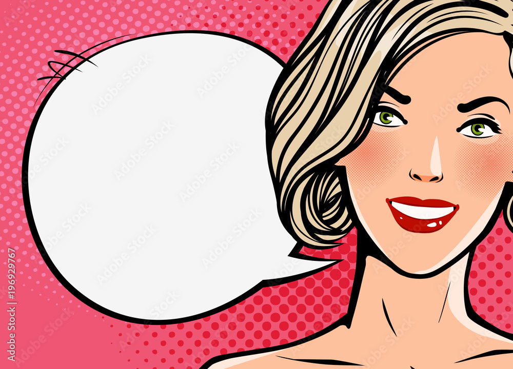 Beautiful girl or young woman talking says. Beauty concept. Pop art retro comic style. Cartoon vector illustration Beautiful girl or young woman talking says. Beauty concept. Pop art retro comic style. Cartoon vector illustration