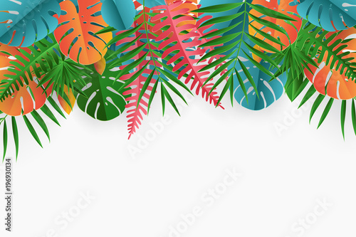 Tropical paper palm, monstera leaves frame. Summer tropical leaf. Origami exotic hawaiian jungle, summertime background