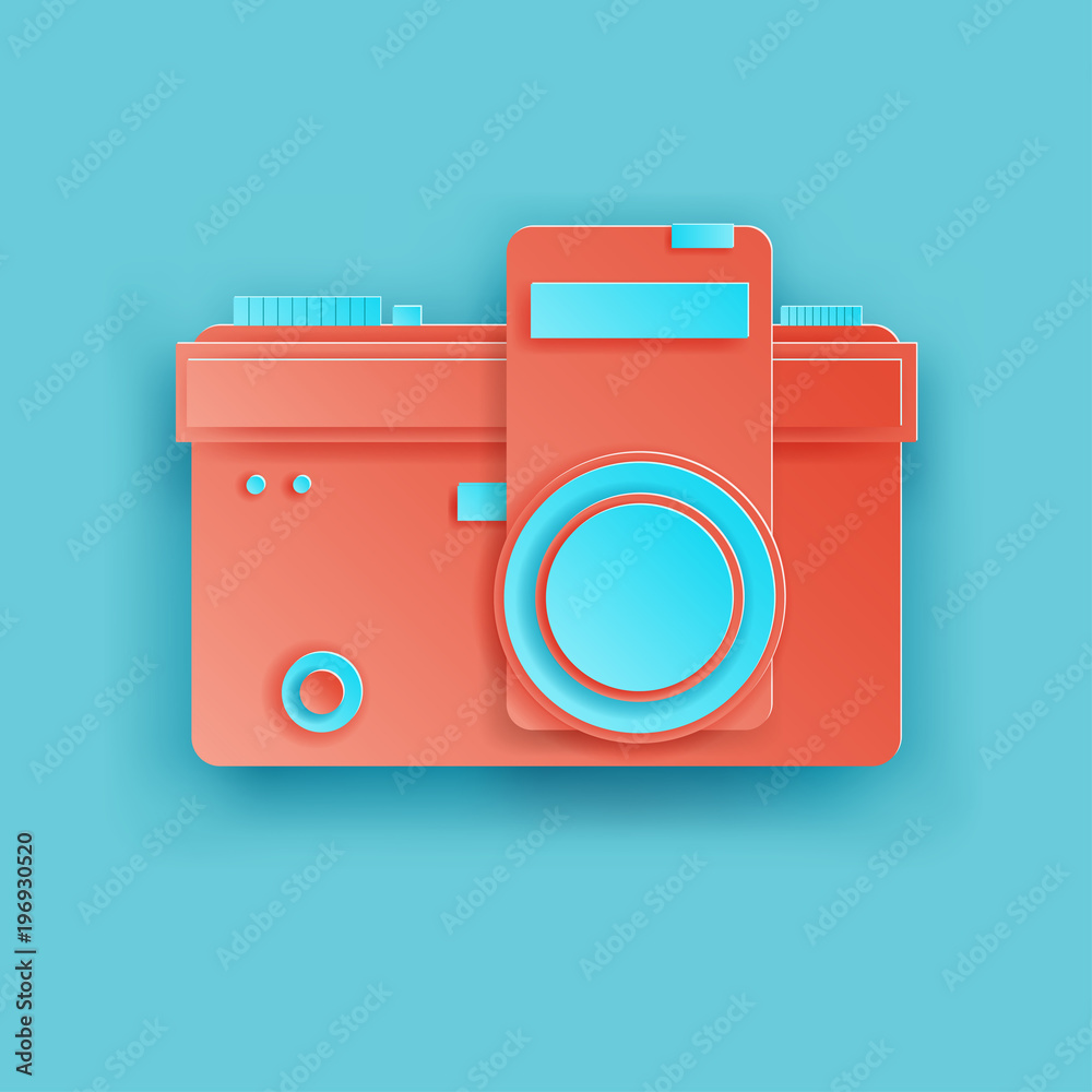 Paper photo camera with different details in pastel colors with shadow. Modern paper cut origami style Paper photo camera with different details in pastel colors with shadow. Modern paper cut origami style