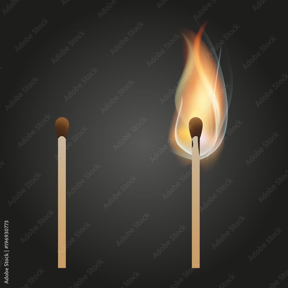 Wooden match on fire. Isolated on a black background. Stock vector realistic illustration