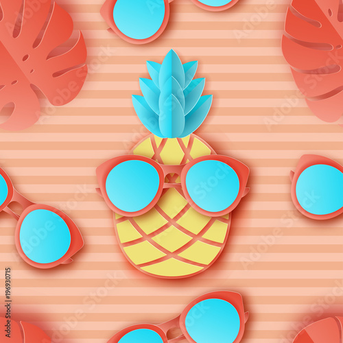 Summer seamless pattern with tropical palm leaves, rand cute pineapple in sunglasses. Paper cut style, pastel colors. Paper exotic fruit and glasses