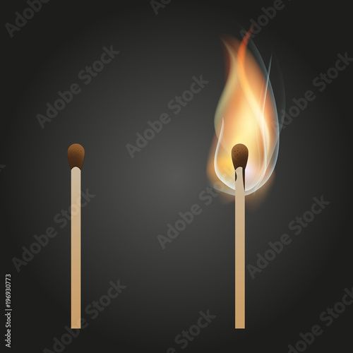 Wooden match on fire. Isolated on a black background. Stock vector realistic illustration