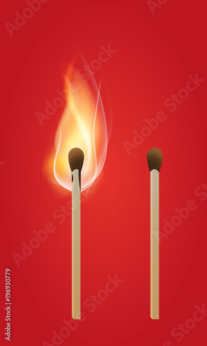 Wooden match on fire. Isolated on a black background. Stock vector realistic illustration