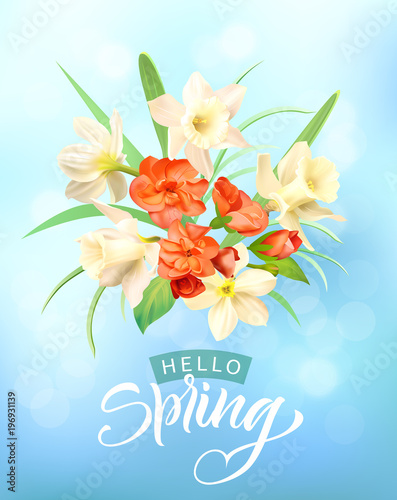 Fototapeta Naklejka Na Ścianę i Meble -  Romantic background with white daffodils, red geranium and spring greeting. Vector illustration.