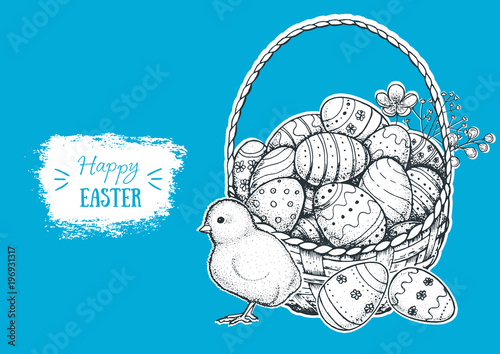 Happy Easter vector illustration. Basket of Easter eggs and chicken baby hand drawn. Engraved style image.