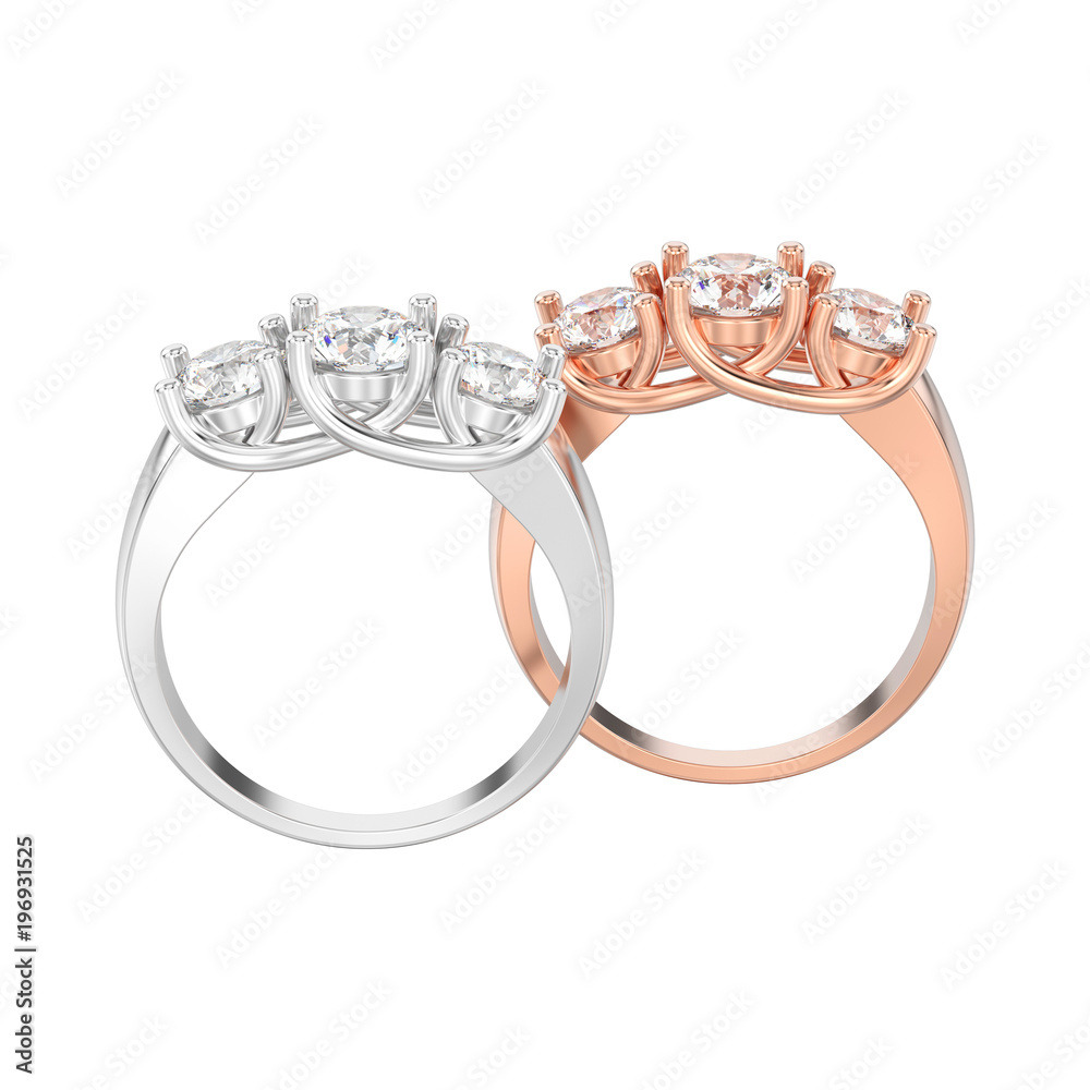 3D illustration isolated two rose and white gold three stone diamonds rings on a white background 3D illustration isolated two rose and white gold three stone diamonds rings on a white background