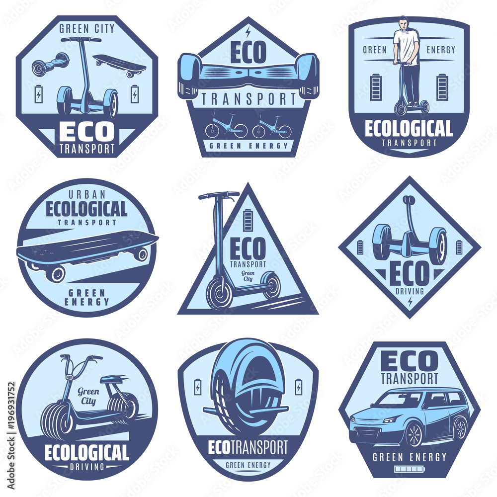 Gyroscooter electric transport labels set. Monochrome design elements for logos, emblems, badges, stickers. Vector vintage illustration.