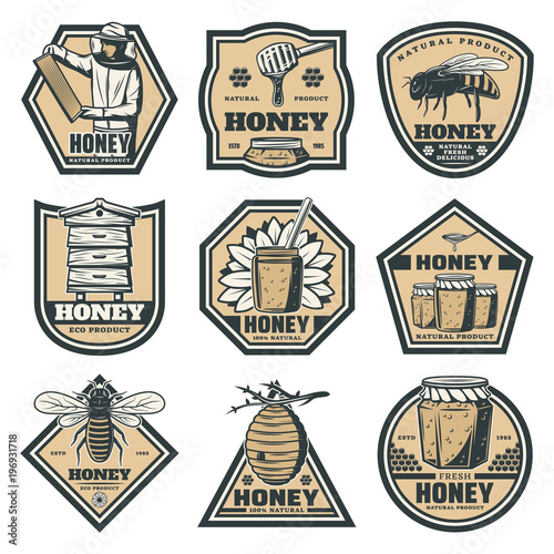 Set of vintage honey emblems, labels, badges, logotypes and design elements. Apiary logo template