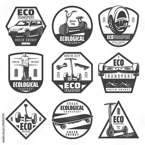 Gyroscooter electric transport labels set. Monochrome design elements for logos, emblems, badges, stickers. Vector vintage illustration. photo