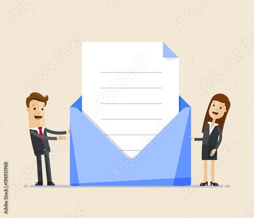 Bsiness man and business woman standing with big envelop and letter, invintation. Post letter, delivery service or e-mail vector concept