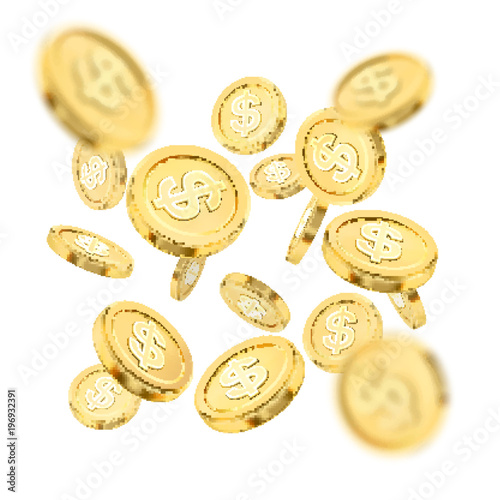 Realistic gold coin explosion or splash on white background. Rain of golden coins. Falling money. Bingo jackpot or casino poker or win element. Cash treasure success concept. Vector 3d illustration.