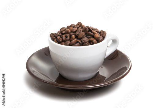 cup with beans coffee isolated