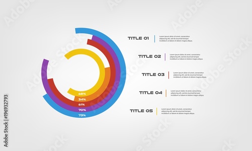 Circular chart color infographics step by step in a series of circle. Element of chart, graph, diagram with 5 options - parts, processes. Vector business template for presentation