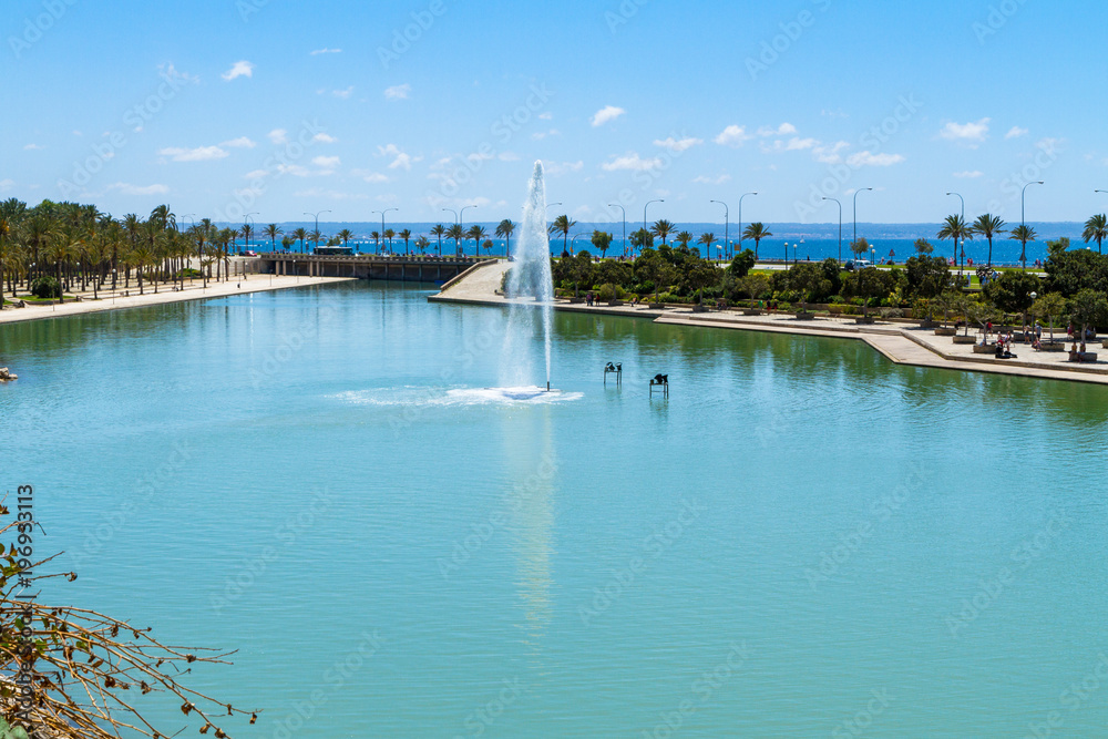 Parc de la Mar, Palma de Mallorca, Spain. Panoramic view of  Parc de la Mar and the Mediterranean sea. 