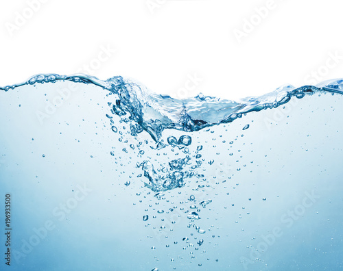 blue water surface with splash and air bubbles on white backgtround