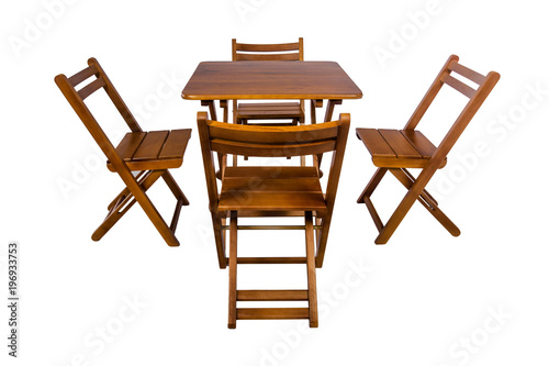 Wooden modern Table with chairs on white background.