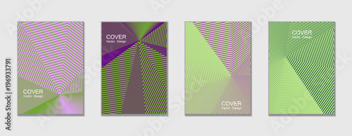 Green and violet halftone covers vector template with lines. Vector journal design geometric shape background set, halftone lines hipster pattern abstract covers collection.
