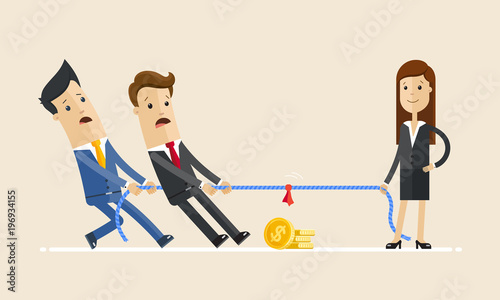 Businesswoman in tug of war with a two male coworkers, competition. Vector illustration