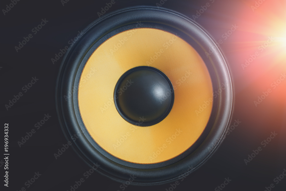 Subwoofer dynamic membrane or sound speaker on black background with light effect, Hi-Fi loudspeaker close up Subwoofer dynamic membrane or sound speaker on black background with light effect, Hi-Fi loudspeaker close up