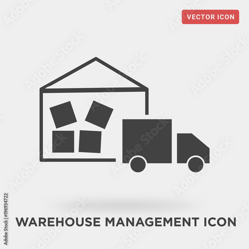 warehouse management icon on grey background, in black, vector icon illustration