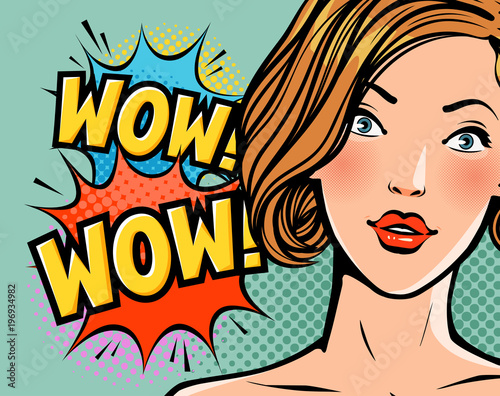 Wow, surprised beautiful girl or young woman. Beauty, pin-up concept. Pop art retro comic style. Cartoon vector illustration