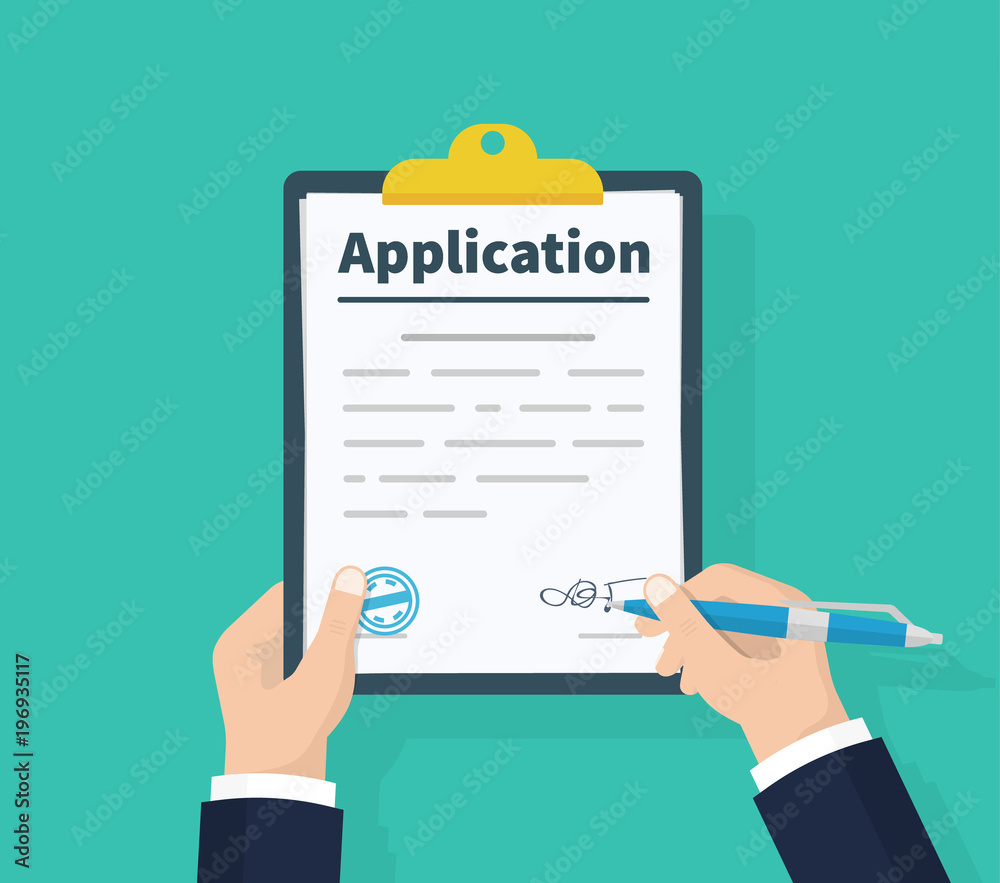 Application form. Man with clipboard in his hand fills in the form of employment. Write documents. Analyzing personnal resume. Flat design, vector illustration on green background. Application form. Man with clipboard in his hand fills in the form of employment. Write documents. Analyzing personnal resume. Flat design, vector illustration on green background.