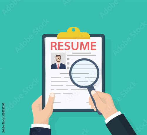 Man holding Resumes in hand. Concept of human resources management. Selecting staff and earching professional staff. Analyzing personnal resume. Flat design, vector illustration on green background.