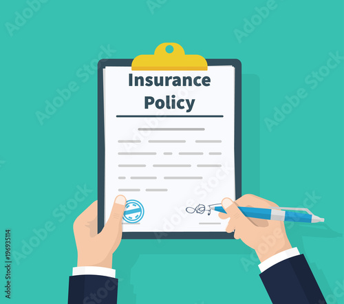 Insurance policy. Holding clipboard in hand. Man signature form. Claim form. Document protection property. Analyzing personnal resume. Vector illustration flat design. Isolated on green background.