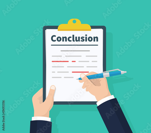 Man writes conclusion, report concept. Holding the clipboard and pen in hand. Paperwork, sheets in folder. Vector illustration flat design. Isolated on green background.