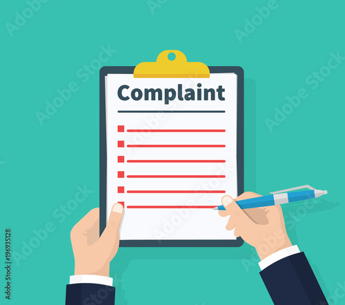 Complaint concept. Claim petition. Man hold clipboard in hand wrote a complaint. Flat design, vector illustration on green background.