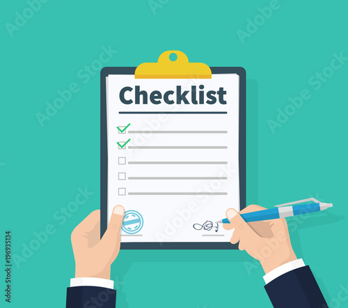 Businessman hands holding clipboard checklist with pen. Checklist, complete tasks, to-do list, survey, exam concepts. Best quality. Flat illustration of clipboard with checklist icon for web. Vector.