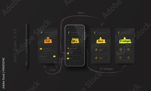 Mobile phone with web application. Hand-drawn UX, UI kit. User experience. User interface. Mobile App Design on a black background