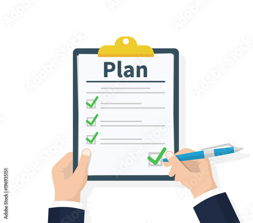 Planning clipboard. Business tactic. Clipboard with checklist and pencil. Plan to achieve goal. Flat design, vector illustration on background.