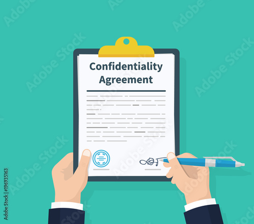 Confidentiality agreement. Man hold information consent. Pen in hand signing papers. Clipboard with documents in the hands of men. Flat design, vector illustration on background.