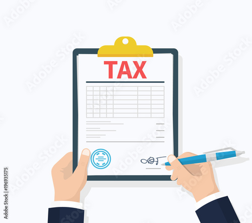 Tax payment. Government, state taxes. Payment of debt. Data analysis, paperwork, financial research, report. Flat design, vector illustration on green background.