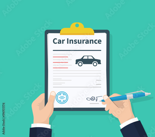Man signs a legal document auto insurance. Claim form. Car protection property. Car insurance form. Vector illustration flat design on background.