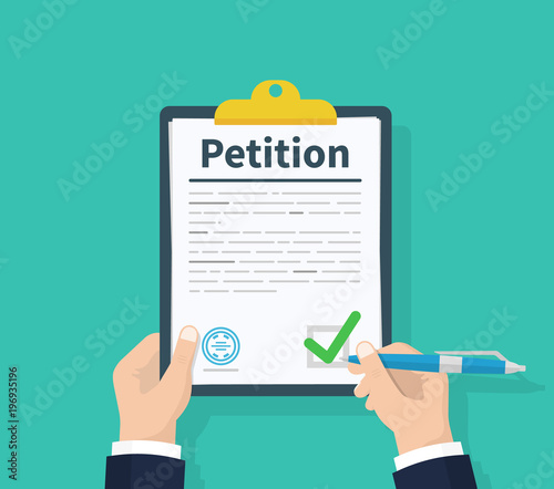 Petition concept. Man hold clipboard in hand writes Petition concept. Diagrams. Flat design, vector illustration on background. photo