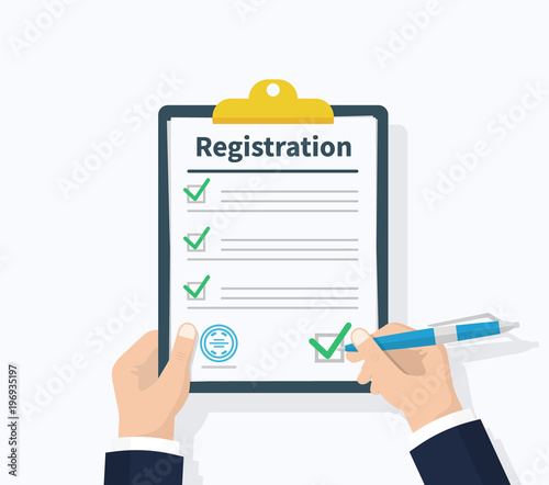 Man hold Registration clipboard with checklist. Man hold in hand clipboard agreement. Flat design, vector illustration on background. photo