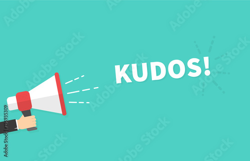 Male hand holding megaphone with Kudos speech bubble. Loudspeaker. Banner for business, marketing and advertising. Vector illustration.